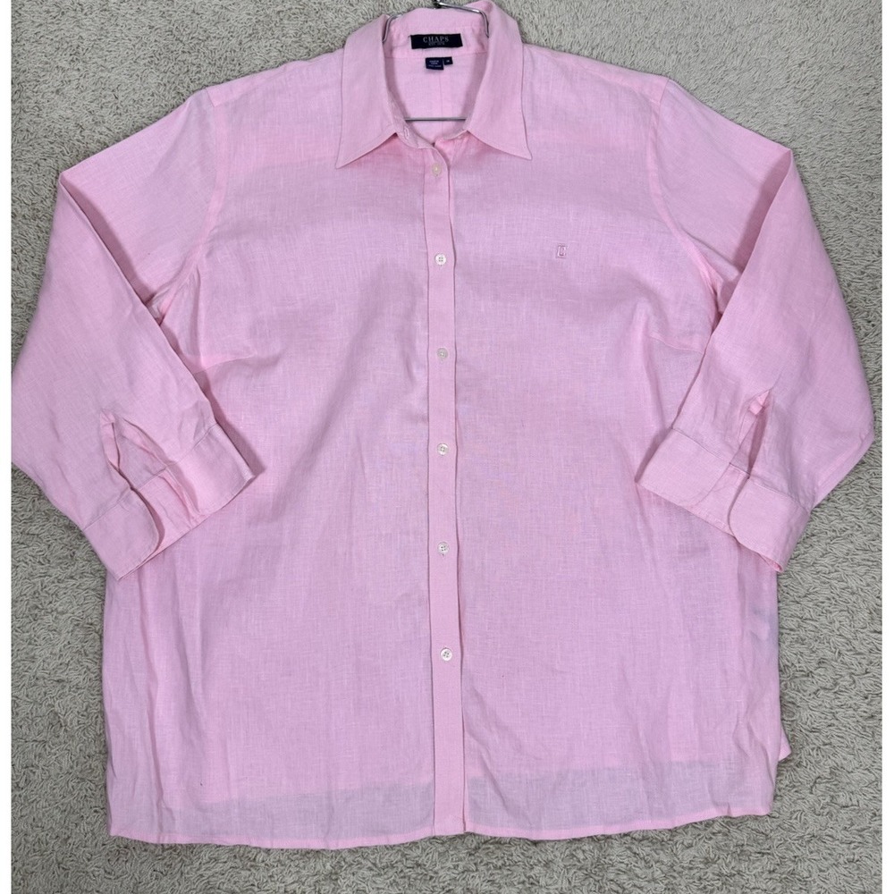 Chaps Womens Pink Long Sleeve Crisp Linen Button Up Shirt Blouse Size 1X Coastal
